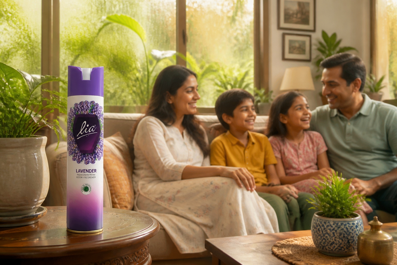 Happily smiling Indian family of four sitting together in their beautifully decorated living room, surrounded by plants and natural light streaming through large windows, appearing relaxed and content in their fresh-smelling home environment despite visible summer heat visible through the window glass