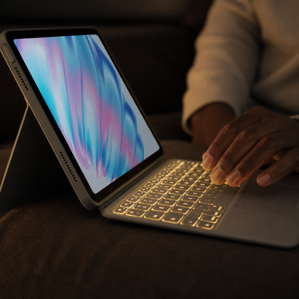 Detail view of Combo Touch backlit keys illuminated in warm yellow glow against dark backdrop showcasing the premium keyboard lighting