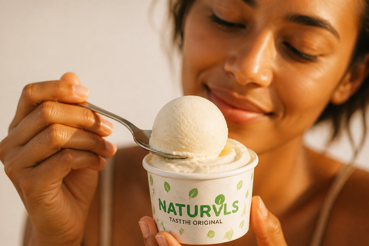 Ice cream being scooped from cup with golden light, making it look extra delicious and appetizing, urgency feeling