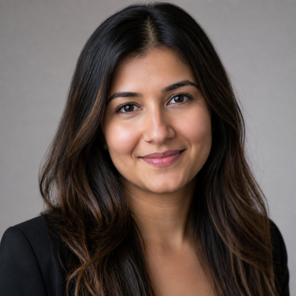 Smiling Indian woman with warm brown skin and long dark hair, soft natural daylight, candid headshot for customer testimonial, shallow depth of field