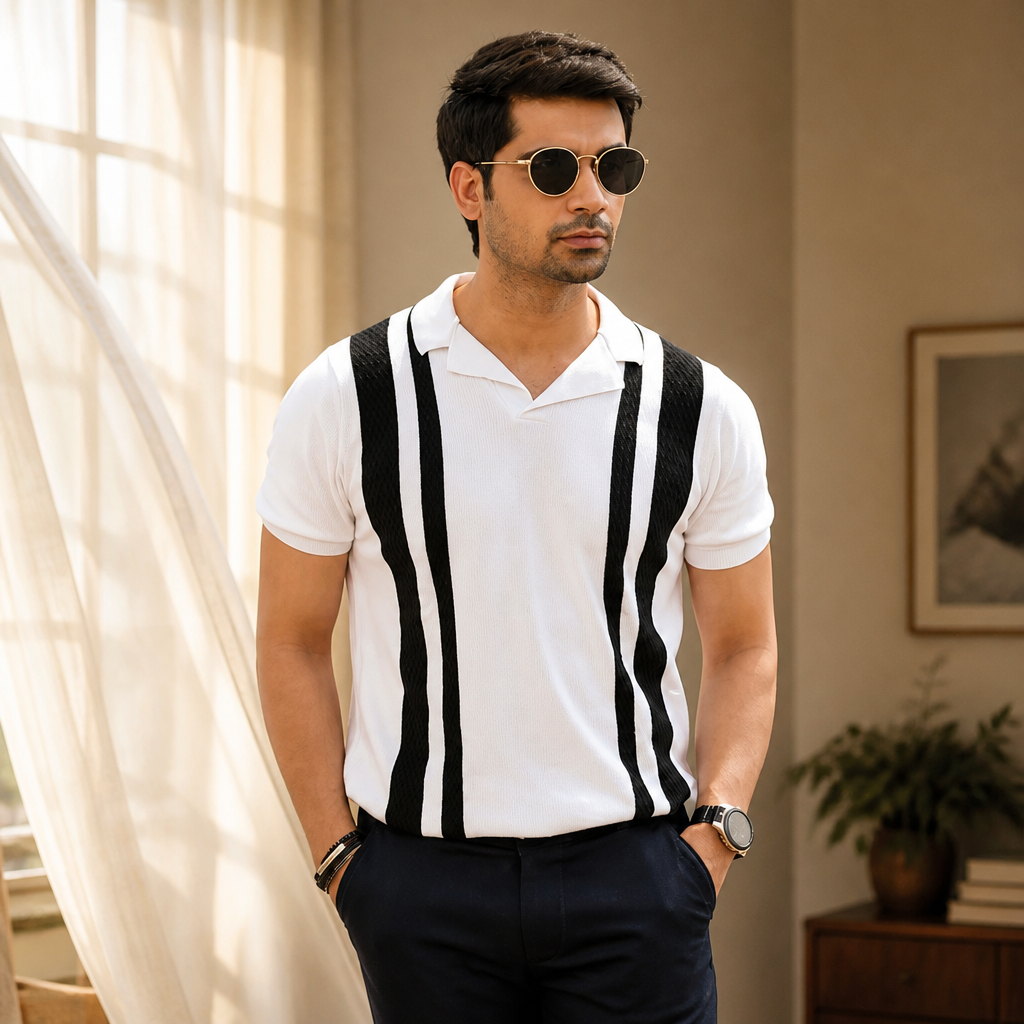 Editorial warm-tone photograph of a stylish Indian man wearing a retro-striped flat-knit cotton polo with a structured collar, soft natural light from a window