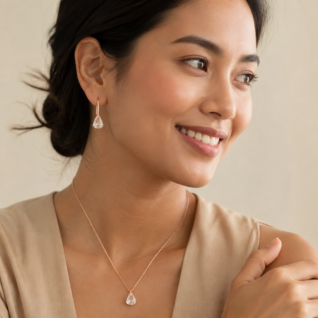 Lifestyle photo of a Southeast Asian woman smiling softly wearing both the Lunar Drop earrings and matching necklace in a soft beige outfit against a cream backdrop