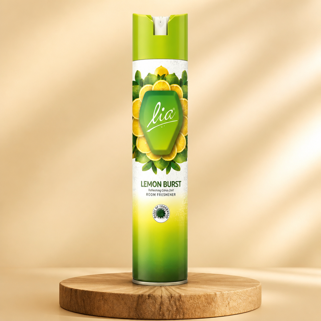 LIA Green 1 litre bottle product photo with golden studio lighting on cream backdrop