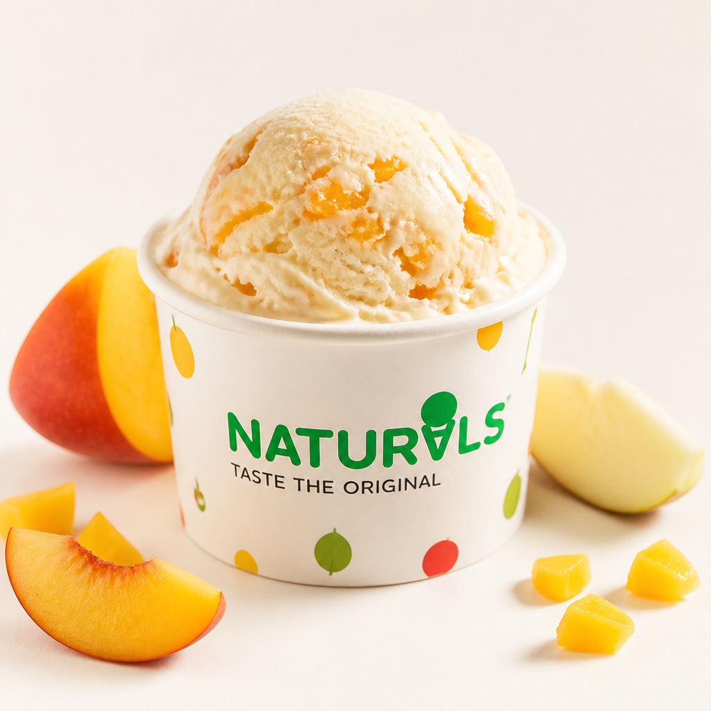 Bright vibrant Naturals ice cream with visible fruit pieces, rich colors, creamy texture that looks irresistible and fresh