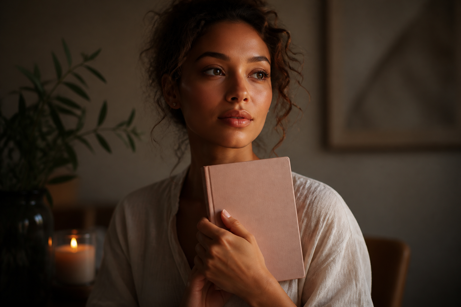Soft elegant portrait of a thoughtful woman gazing slightly off-camera with calm energy, warm low-key cinematic lighting