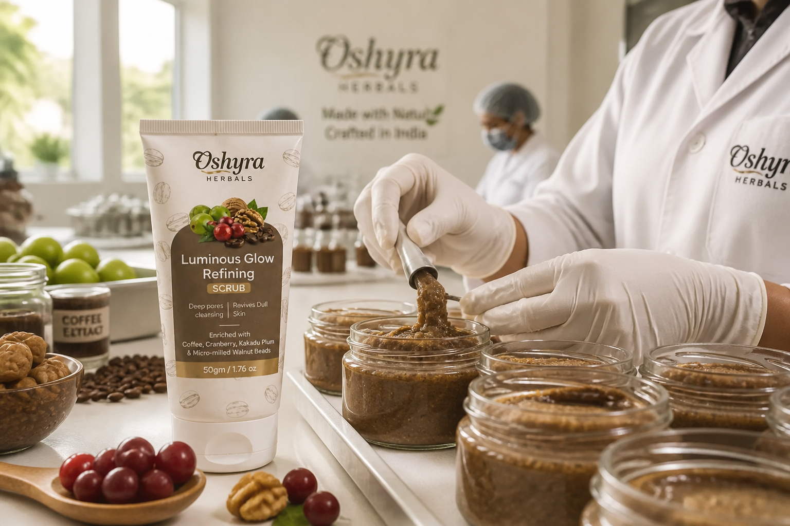Behind-the-scenes shot inside an Oshyra Herbals Indian production workspace, clean white surfaces, glass jars being carefully filled with amber coffee-colored scrub by gloved hands, soft daylight from windows, professional but warm atmosphere