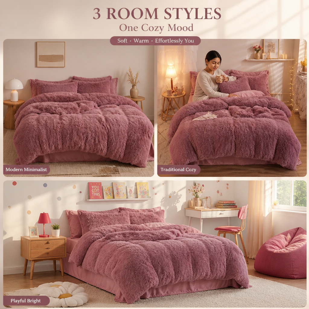 Bedroom mood board showing different room styles with matching fleece colors — modern minimalist, traditional cozy, and playful bright bedrooms with the fleece set displayed in each scene