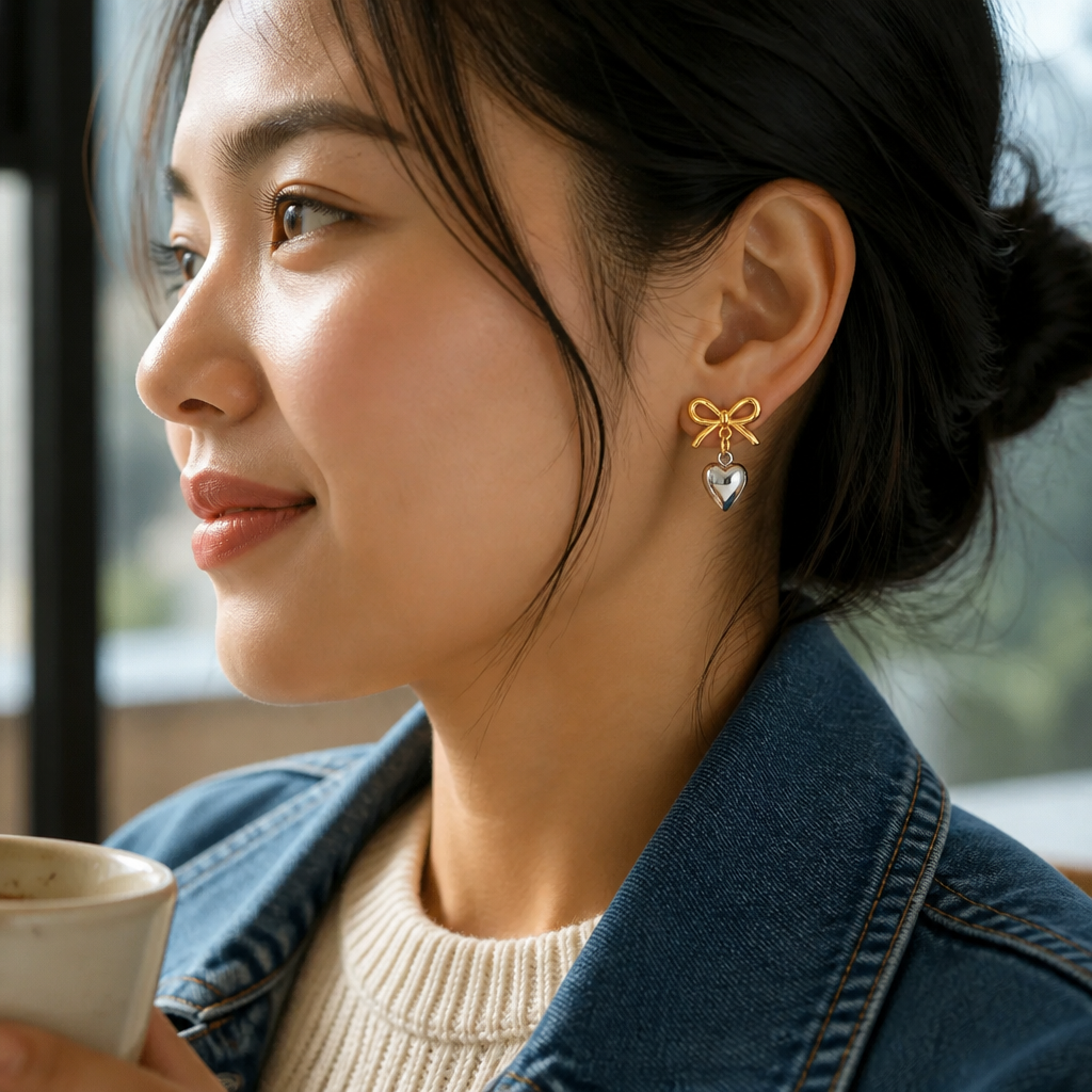 Casual daytime outfit with heart earrings, blue denim, cream knit, and a coffee cup in soft natural window light