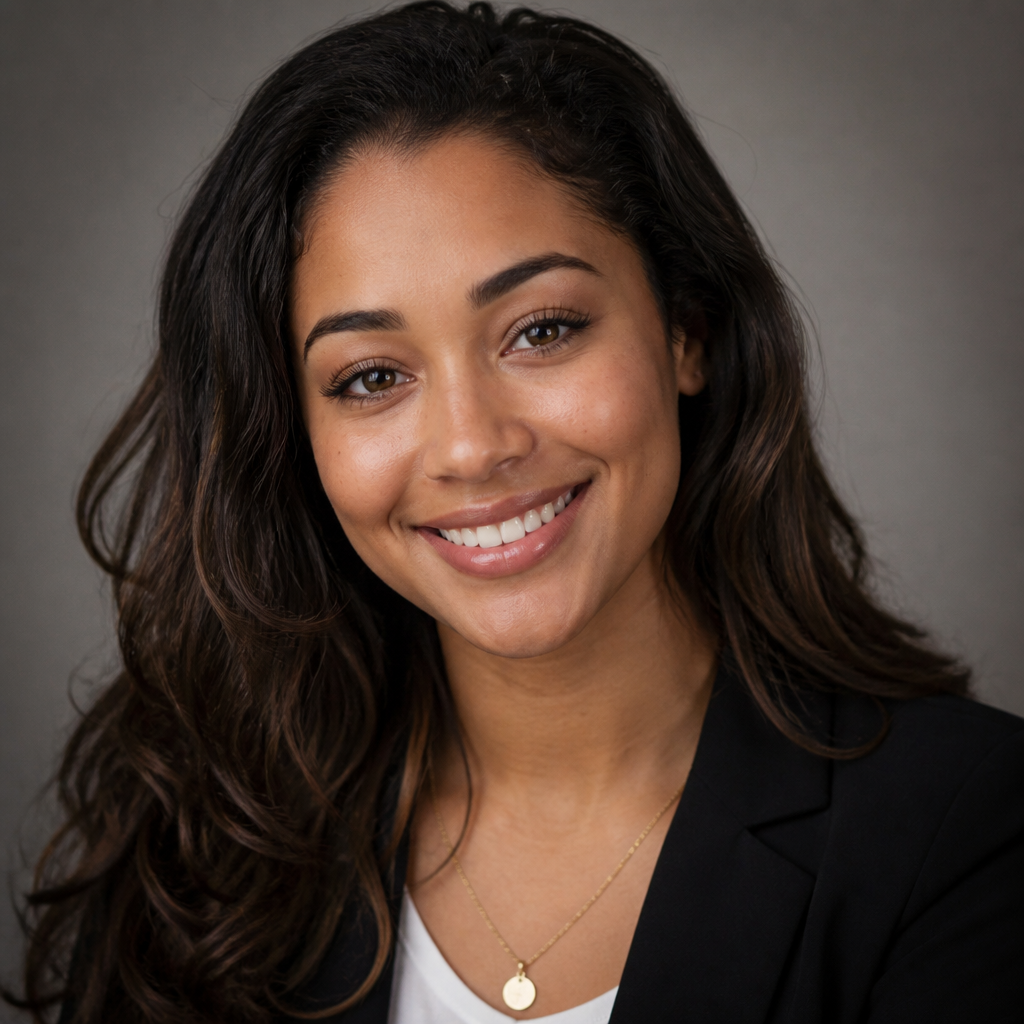 Cheerful Black woman with curly hair and bright smile, golden hour indoor lighting, cozy blurred background, authentic customer review headshot