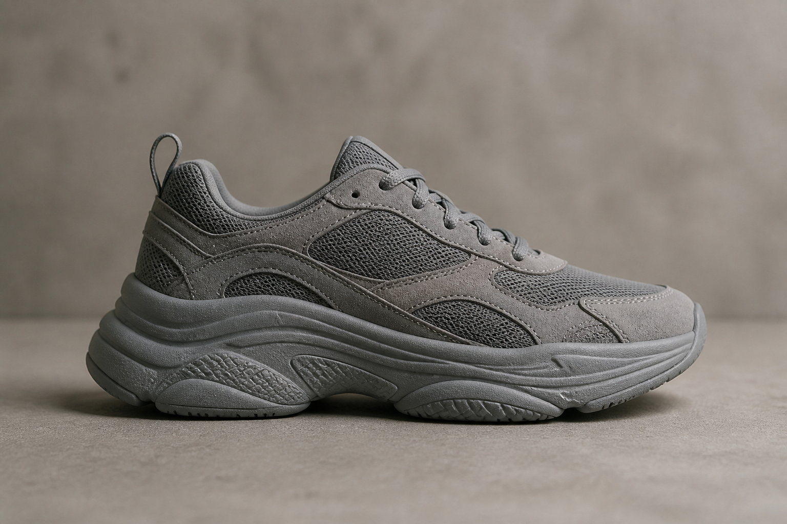 Side profile of an unbranded grey sneaker with thick bulky sole on plain background, looking heavy and dated