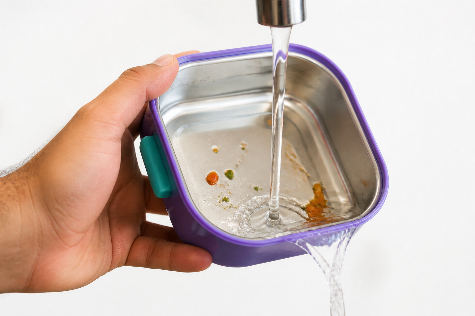 Easy clean view of the smooth stainless steel interior of the Bento Box being rinsed under a kitchen tap, food residue sliding right off the polished surface