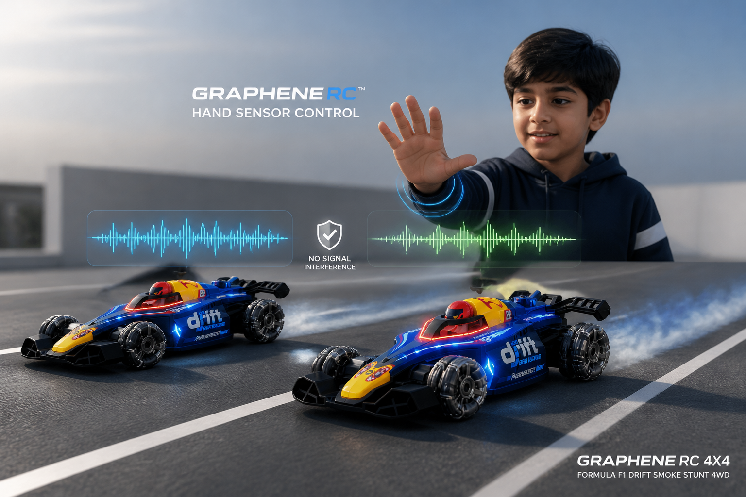 Two GRAPHENE RC cars racing side by side on parallel tracks with no signal interference shown as clean digital waveform overlays