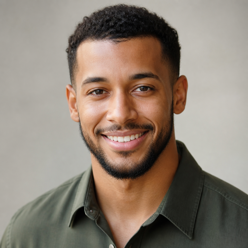 Warm smiling Black man with short beard, casual navy henley shirt, neutral blurred background, soft natural daylight, friendly portrait