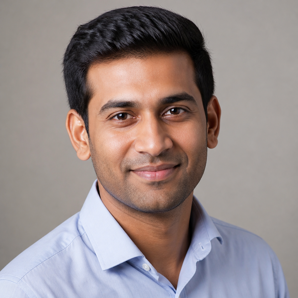 Friendly portrait of an Indian man with neatly combed side hair, soft indoor ambient lighting, calm confident smile, retail testimonial headshot
