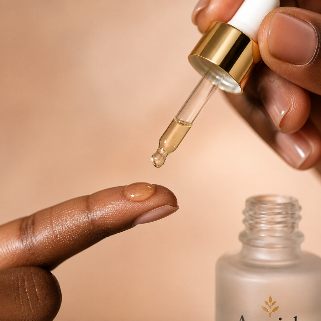 Close-up of a glowing dewy face with one golden drop of Anvish face serum falling onto the fingertip against a soft peach gradient background