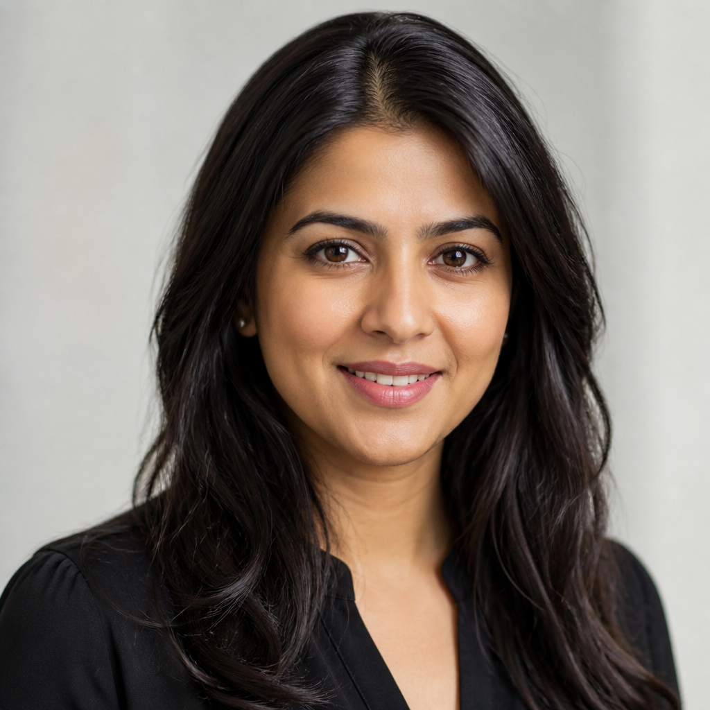 Close-up portrait of a smiling young South Asian woman with shoulder-length dark hair, warm natural lighting, soft bokeh background, candid joyful expression