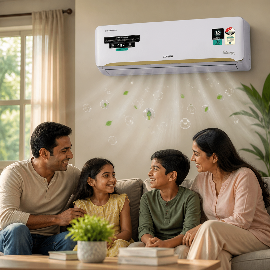 Happy Indian family of four breathing clean air in their modern living room, with visual representation of filtered air particles being captured, showing health benefits of Croma AC's filtration system