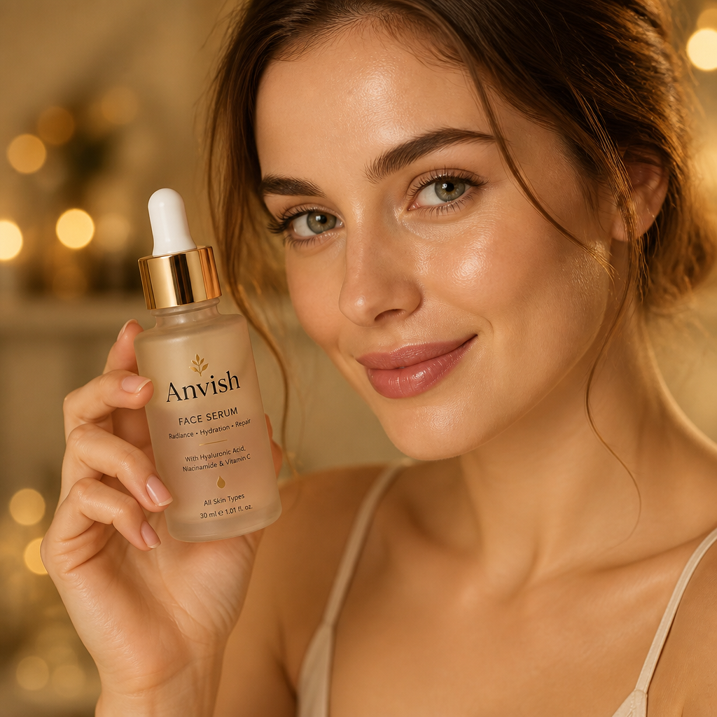 Final hero shot of a confident European woman with glowing radiant skin holding the Anvish serum bottle and smiling softly, soft focus portrait with warm golden bokeh background, premium beauty editorial
