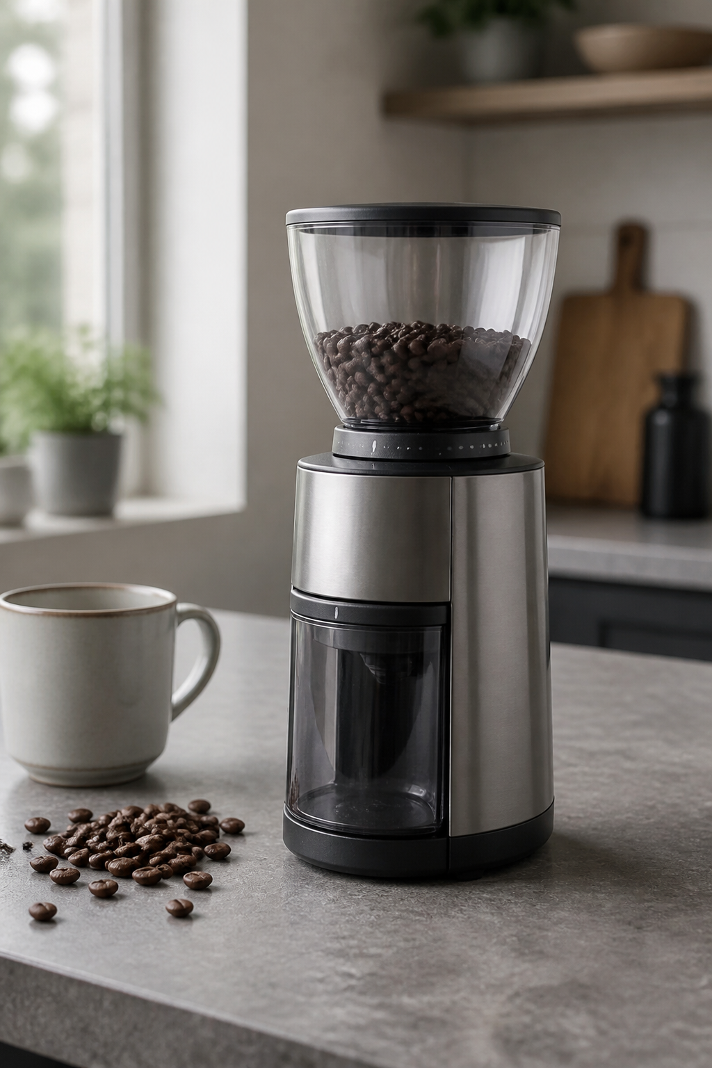 Plain unbranded grinder appliance with no logo, muted grey tones to depict the no-longer-needed appliance