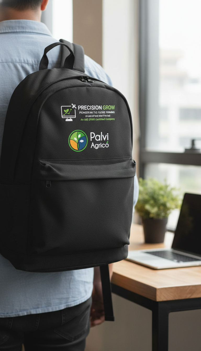 Black branded backpack with company logos