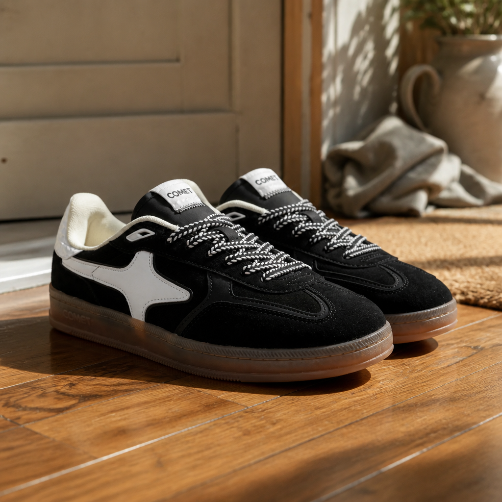 Aeres NOIR sneakers placed casually by a front door on warm wooden floor in soft morning light, ready to be slipped on, suggesting daily habit