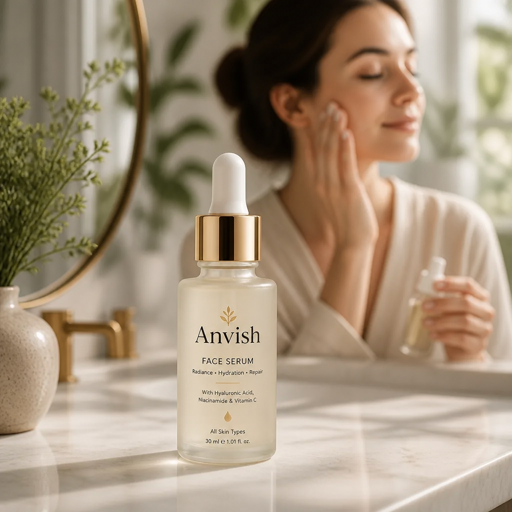 Lifestyle shot of a woman at her clean minimalist vanity doing her skincare routine with soft plants and warm natural light, glass serum bottle on marble counter, peaceful morning moment