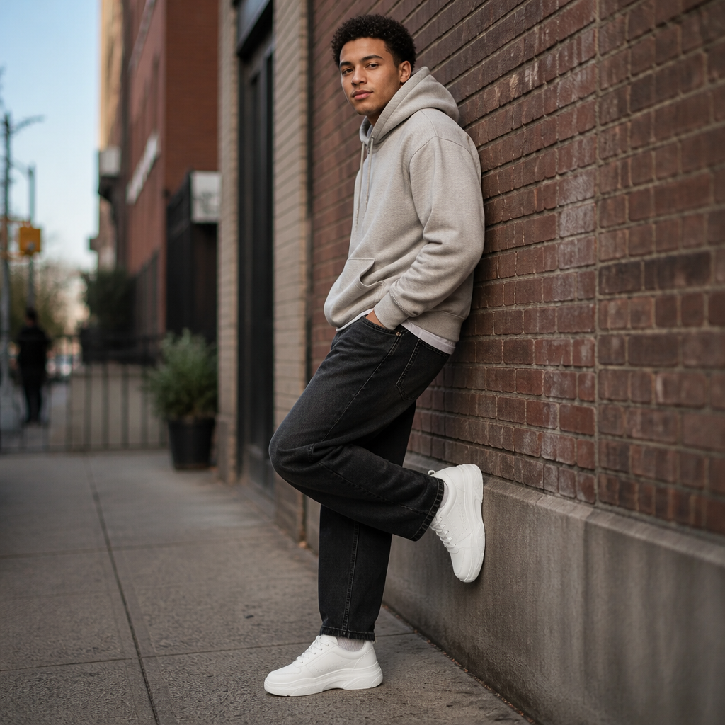 Young man in Nike Sneakers 3 posing casually against a brick wall in an urban neighborhood