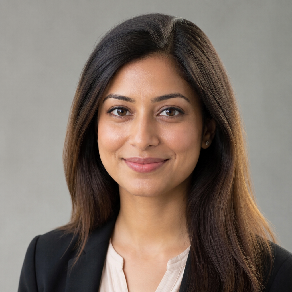 Cheerful headshot of a South Asian woman with long dark wavy hair, natural makeup, hoop earrings, warm golden-hour side lighting against a soft cream background, shallow depth of field