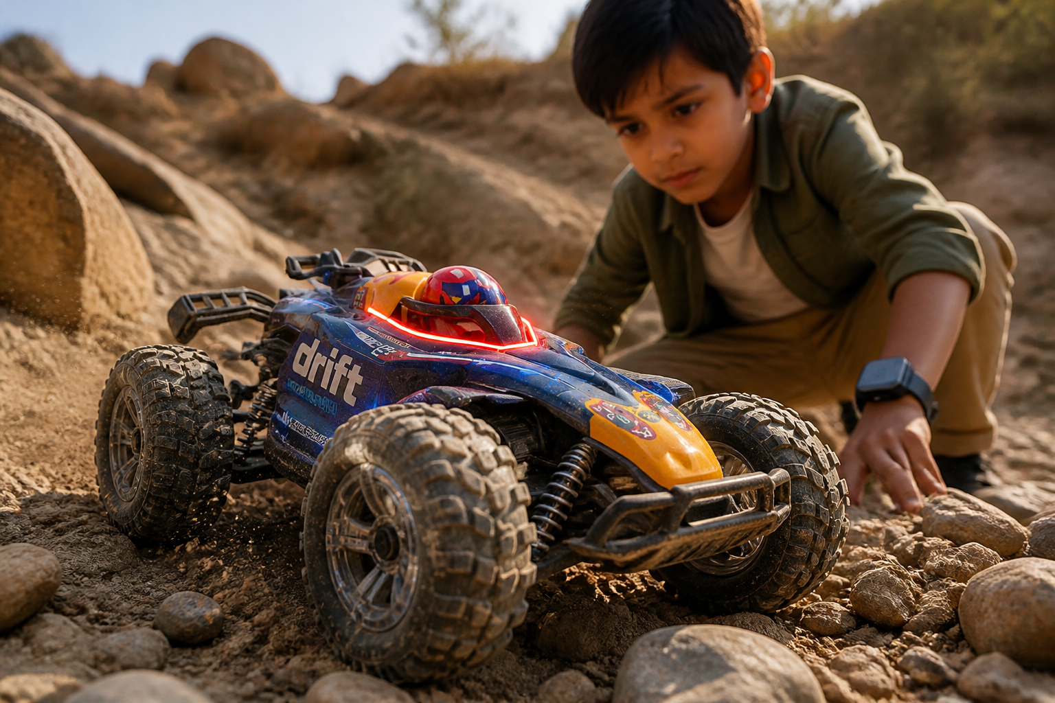 GRAPHENE RC 1:8 Big Rock Crawler variant &mdash; chunky off-road monster truck with oversized knobby tires and lifted suspension on rocky terrain