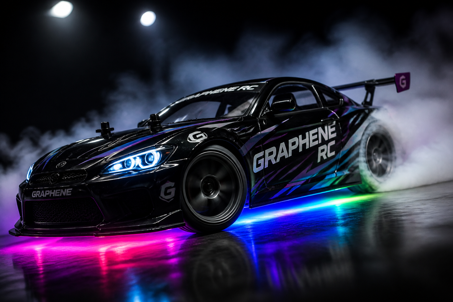 GRAPHENE RC car mid-drift with bright RGB neon underglow and a thick smoke trail on a dark studio surface