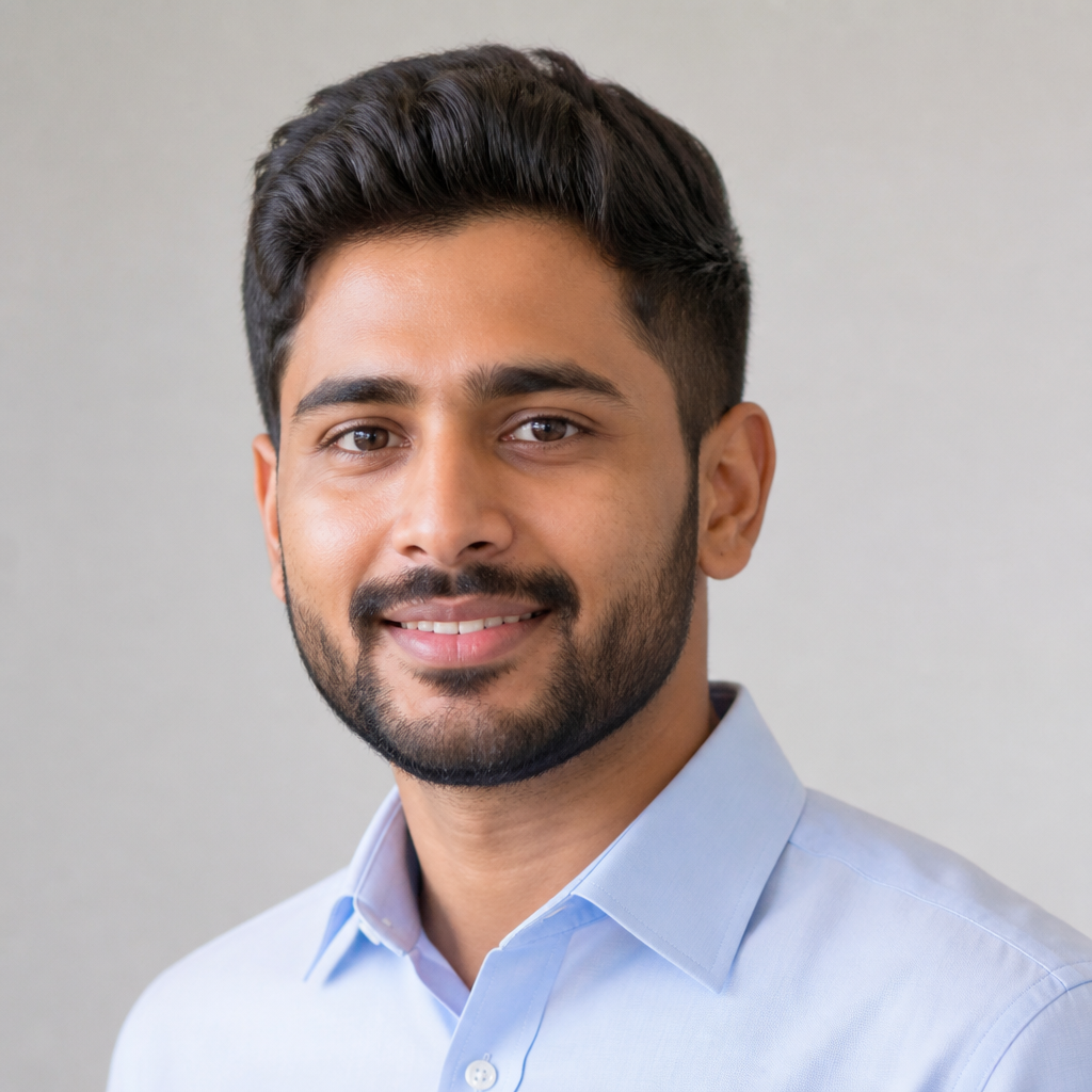 Portrait of Arjun Mehta, an Indian man in a crisp navy shirt, confident half-smile, photographed in a Mumbai office with soft window light