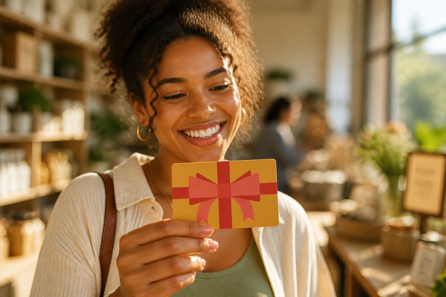 A person browsing a store with joy and excitement, surrounded by beautiful products, with warm golden hour lighting streaming through windows