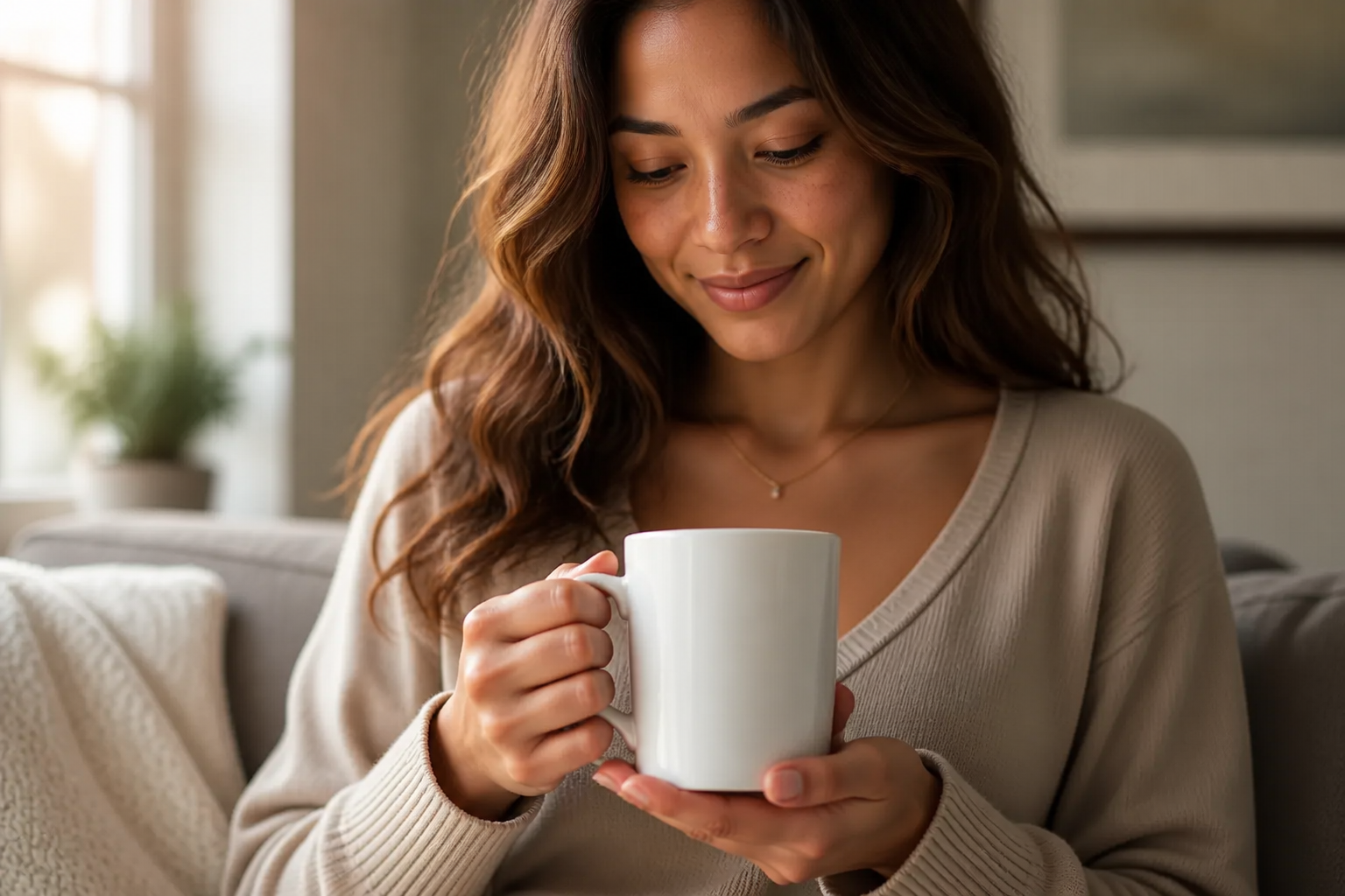Happy relaxed customer at home on a cozy sofa holding the white Radiator Mug with both hands, smiling softly with warm morning window light streaming in