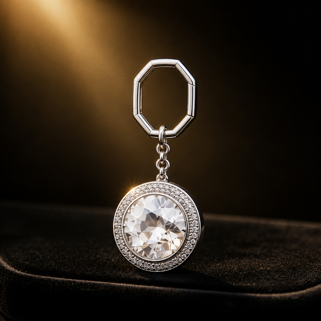 Dramatic stylized image of a single glowing white Swarovski charm sitting alone on an empty black velvet shelf with soft golden spotlight