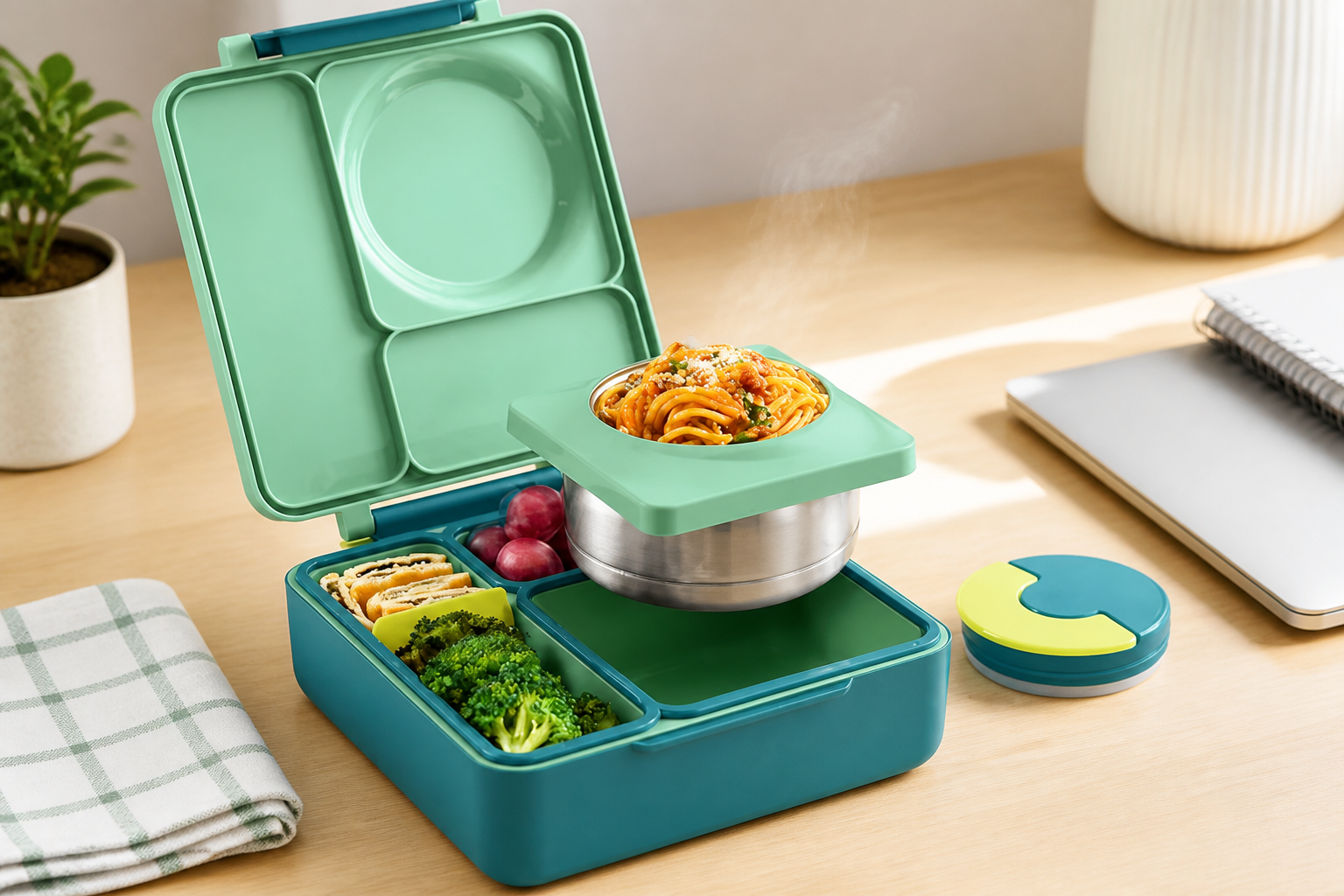 A vibrant colorful Bento Box full of warm fresh steaming food on a clean desk showing the happy photo-ready after state