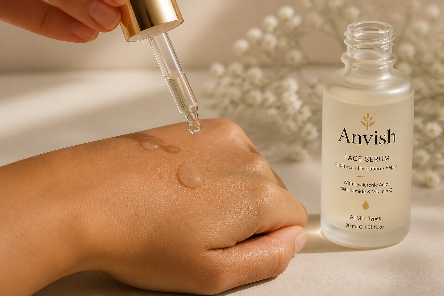 Close-up beauty shot of translucent serum drops falling onto the back of a hand showing the lightweight, non-greasy watery texture with soft warm studio lighting