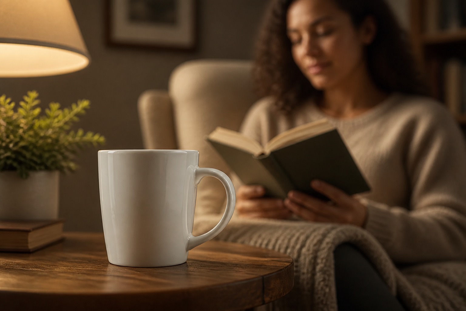 Quiet cozy reading corner scene with the Radiator Mug on a side table beside a soft armchair, open book, and warm lamplight, peaceful slow afternoon mood