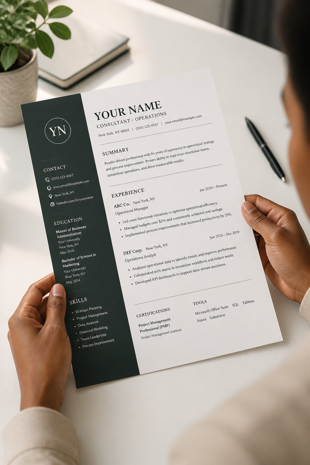 Executive two-column resume template with dark sidebar and elegant serif font, professional look