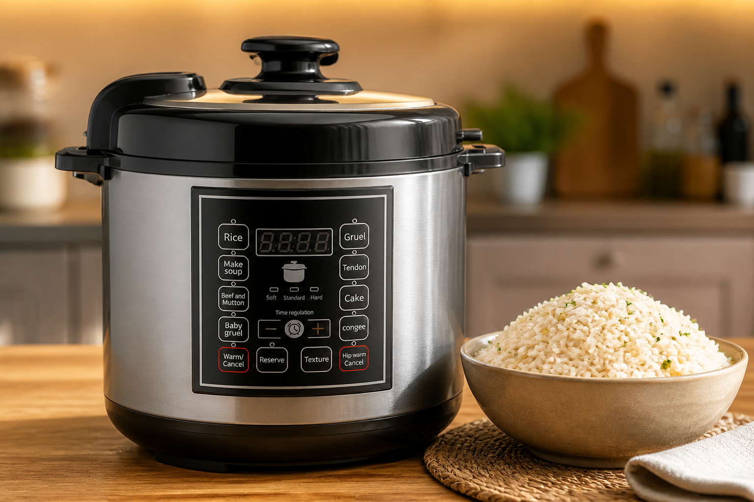 A bowl of fluffy steamed basmati rice alongside the pressure cooker in a warm kitchen setting