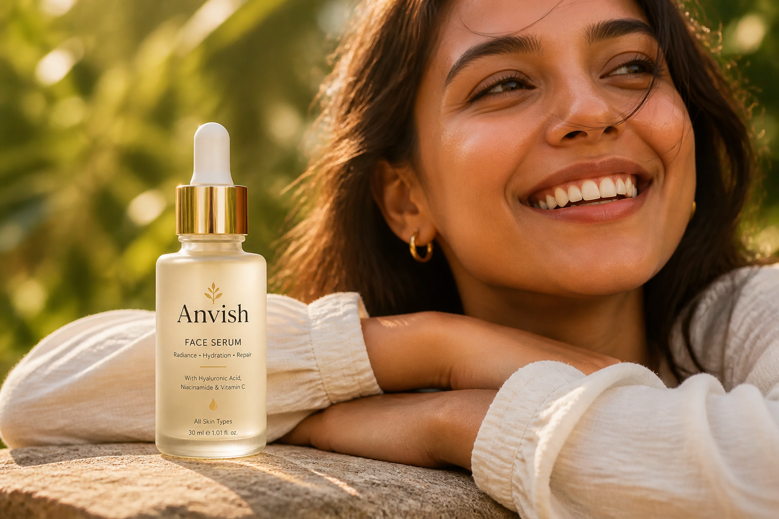 Wide lifestyle shot of a woman laughing outdoors in golden hour sunlight with bright, healthy glowing skin, wind in her hair, cinematic warm tones