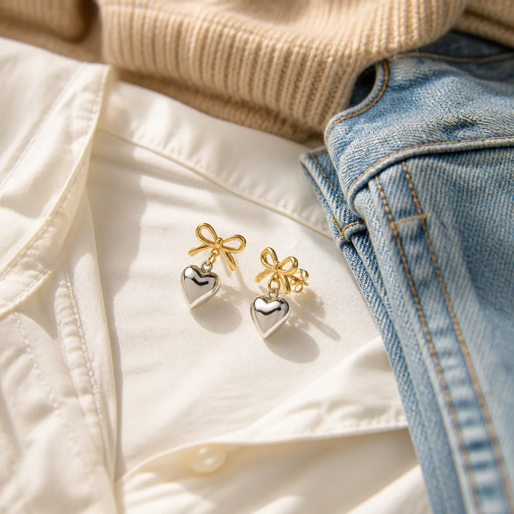 Love Heart Earrings resting elegantly on a white blouse beside folded denim and a neutral knit in soft rose-gold daylight