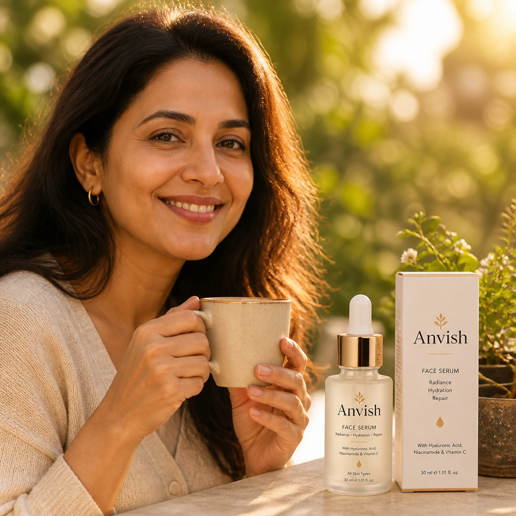 Square portrait of a smiling South Asian woman in her 40s with bright, even-toned glowing skin outdoors in warm afternoon light, holding a coffee mug