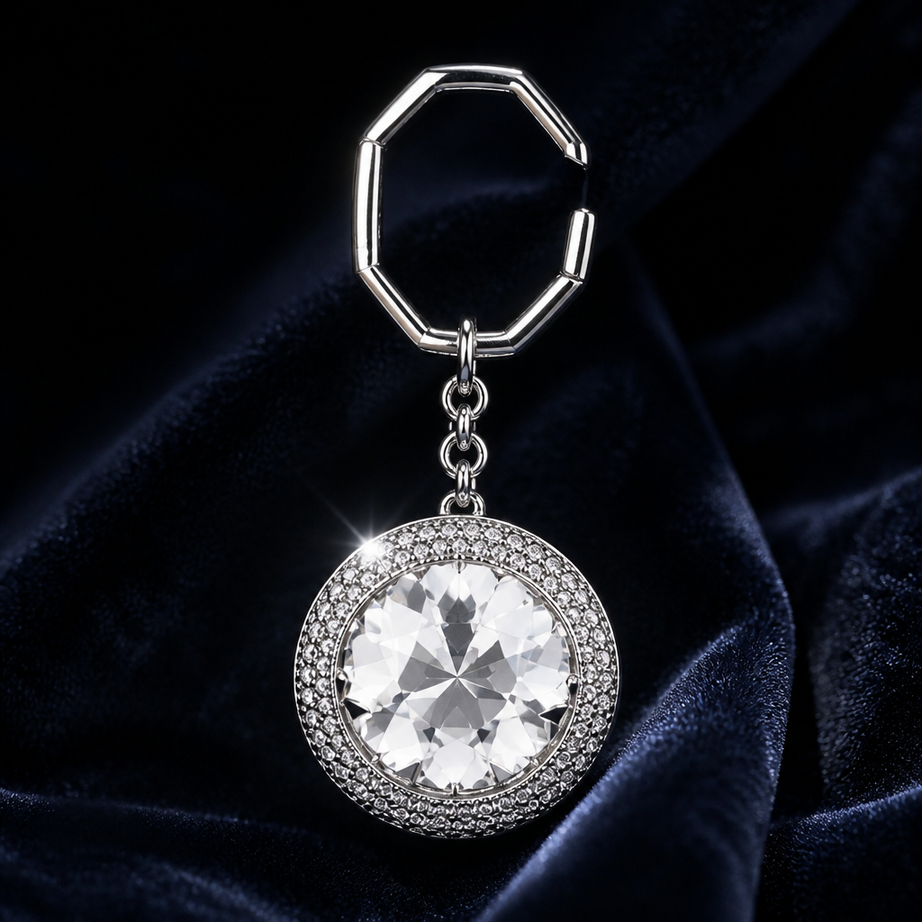 Dramatic editorial hero shot of a luminous Swarovski white bag charm on dark velvet background, glowing crystal facets catching a single spotlight