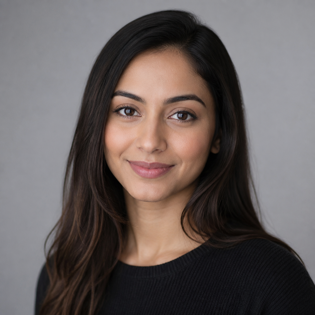 Close-up portrait of a smiling South Asian woman with long dark hair pulled back, soft golden-hour light, warm earthy background, genuine and inviting expression