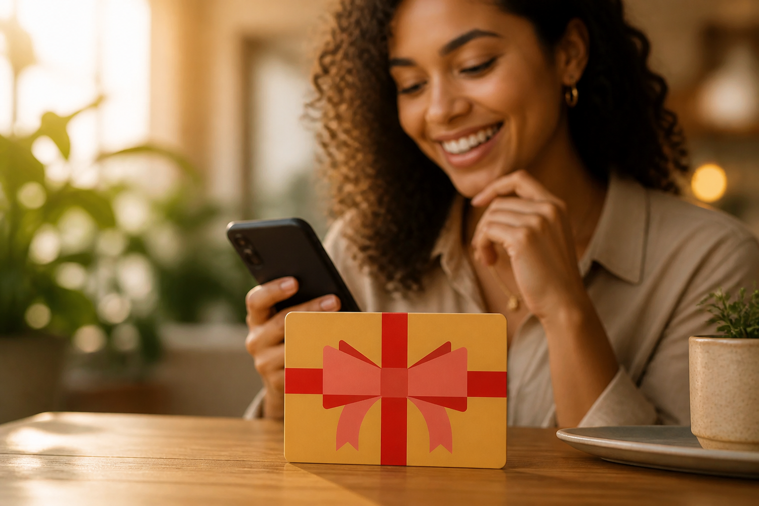 Happy gift recipient browsing store products on their phone with an excited smile, soft golden lighting, warm lifestyle setting