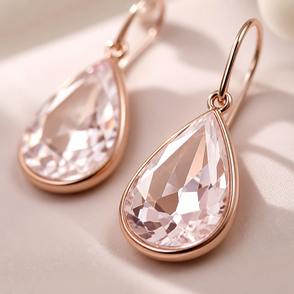 Macro close-up of the exclusive Toupie cut pink crystal showing faceted edges and brilliant light refraction in soft daylight