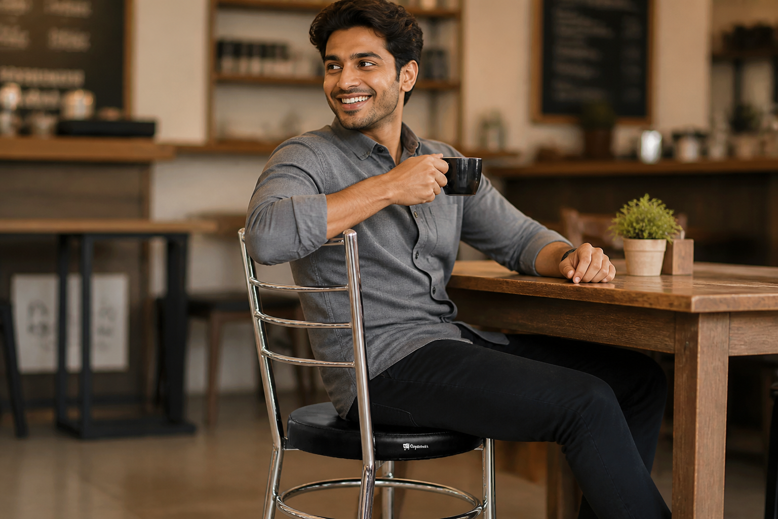 A happy young professional sitting relaxed and smiling on a black cushioned steel dining chair at a cozy wooden caf&eacute; table, natural light on their face.