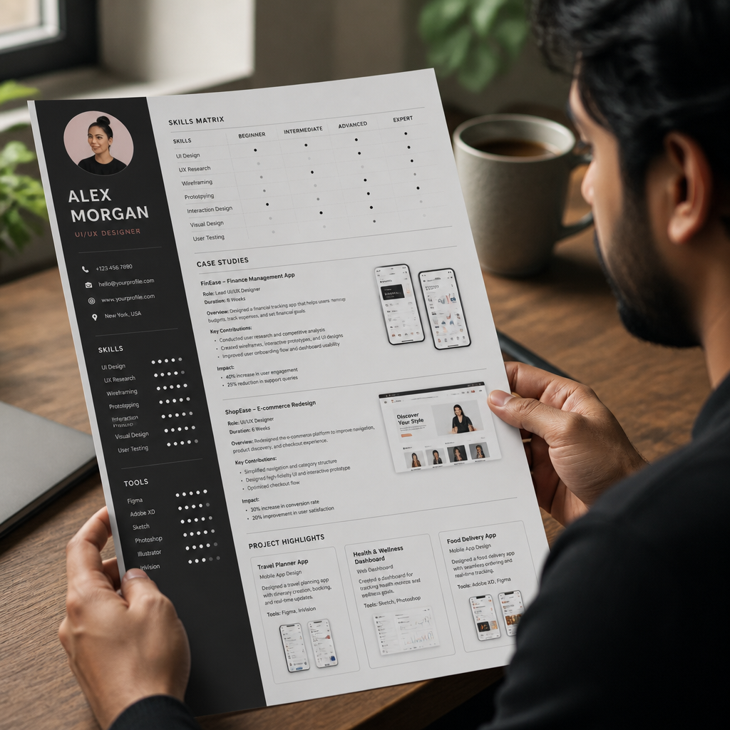 Detailed inner section of a UI/UX resume template showing skills matrix, case studies and project highlights in clean card-based layout