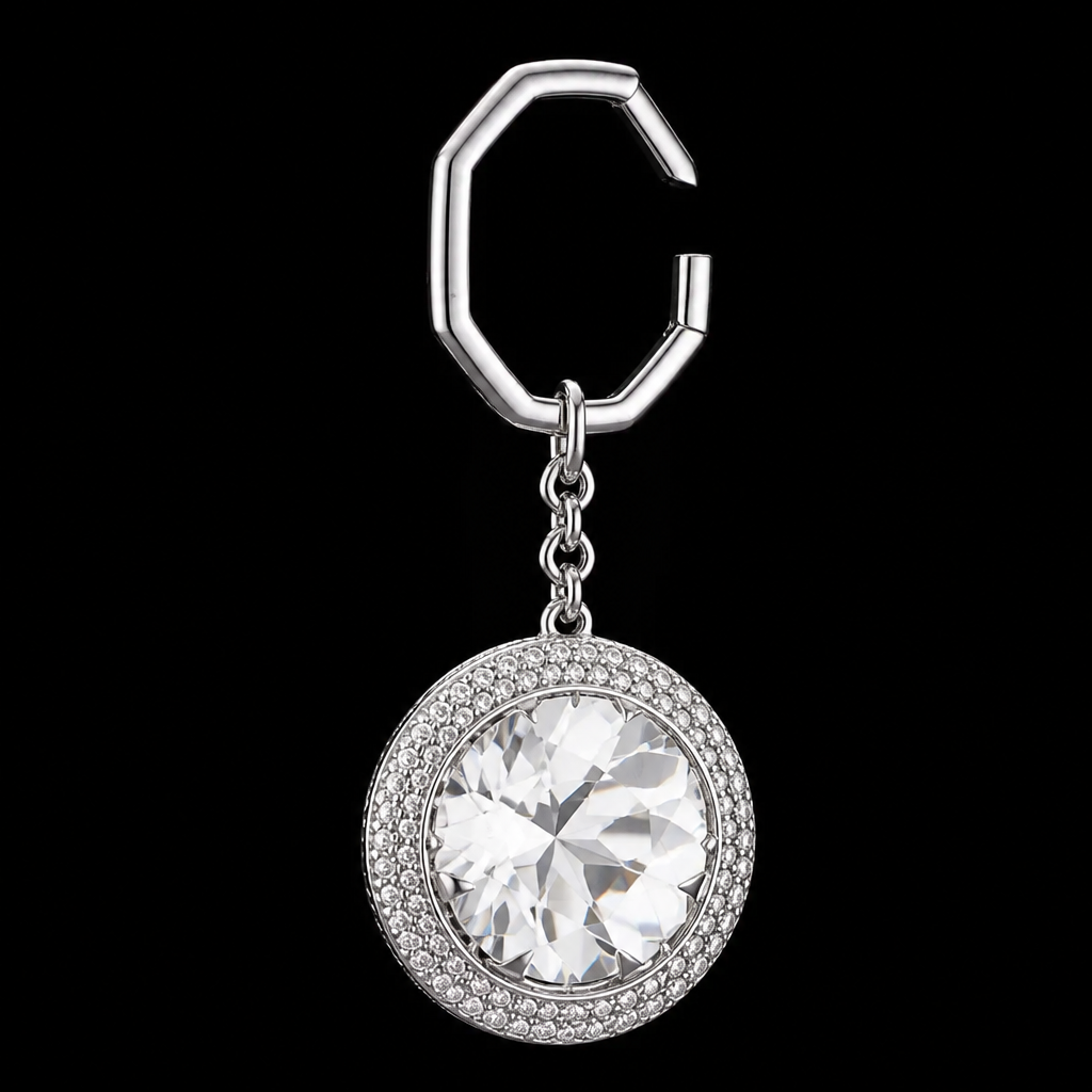 Studio close-up of a Swarovski round-cut white bag charm with light refracting through every crystal facet against a pure black background