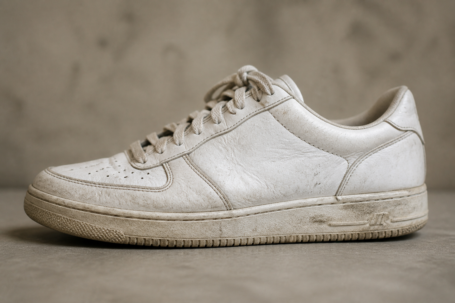 Worn-out generic white sneaker with scuffed sole and creased upper shown on neutral background looking tired and dated